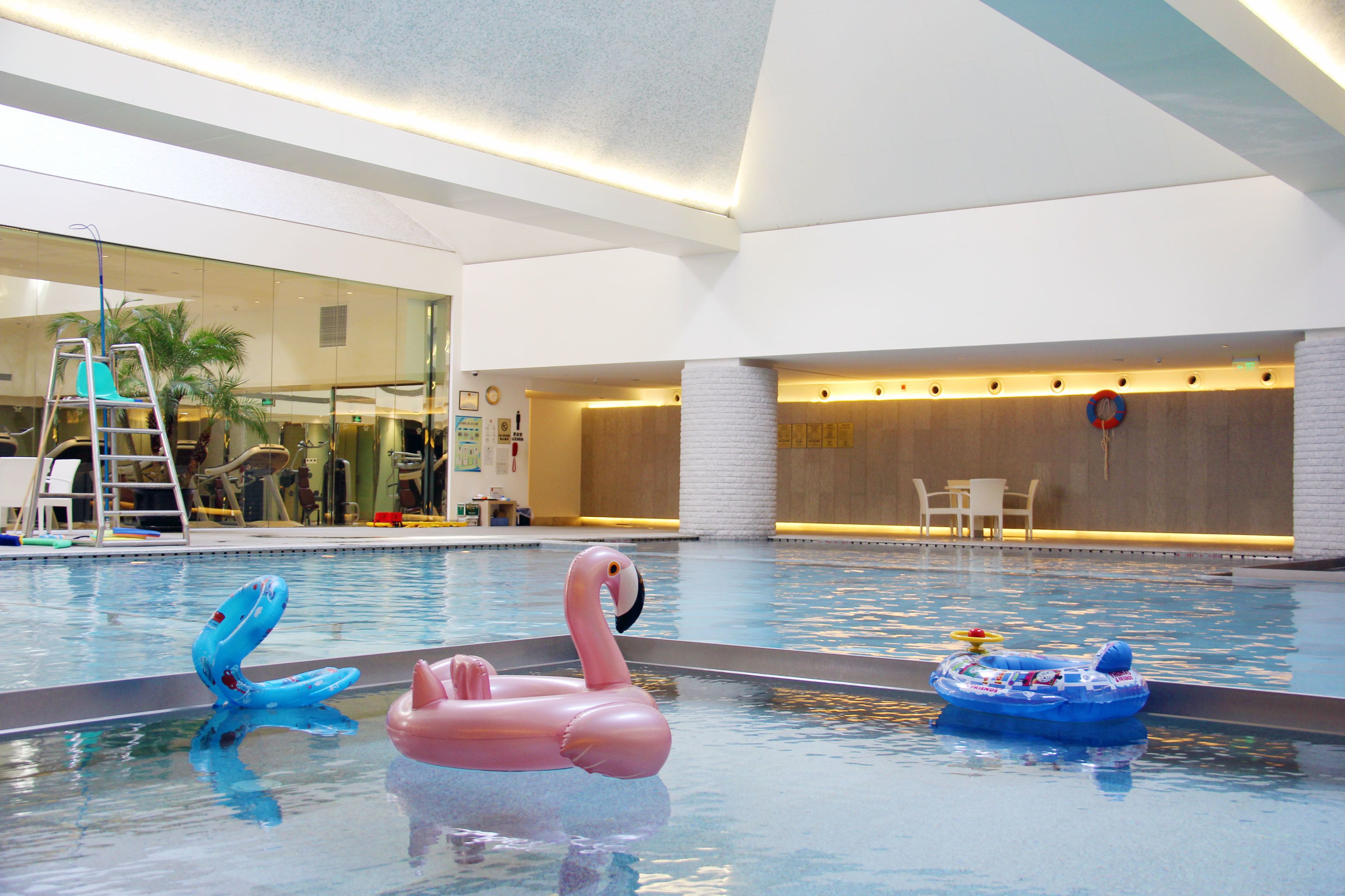 An indoor swimming pool with inflatable flamingo and octopus toys, a ladder, and a lifebuoy.