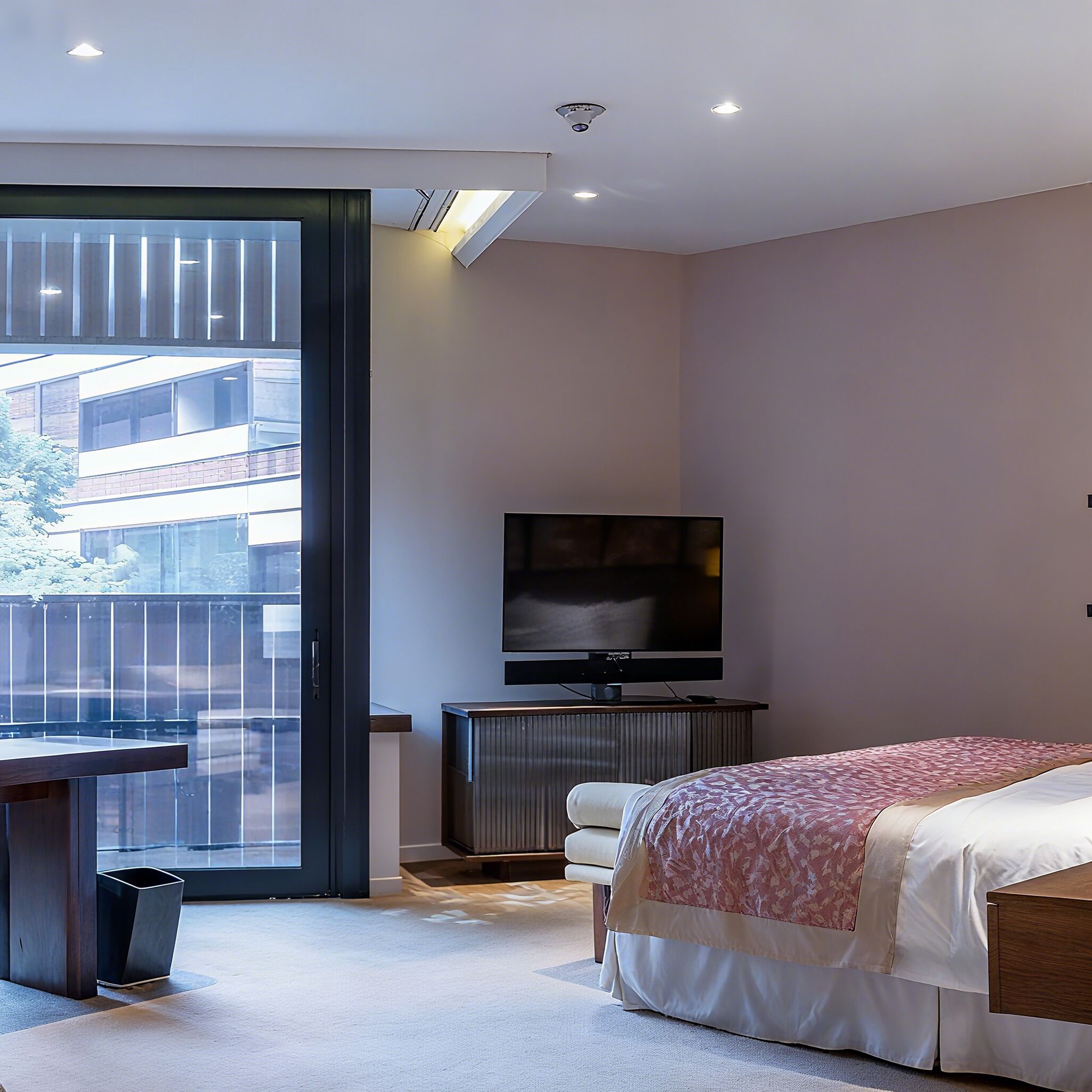 Ein Schlafzimmer mit Bett, Fernseher, Schreibtisch und einer Schiebetür zu einem Außenbereich.