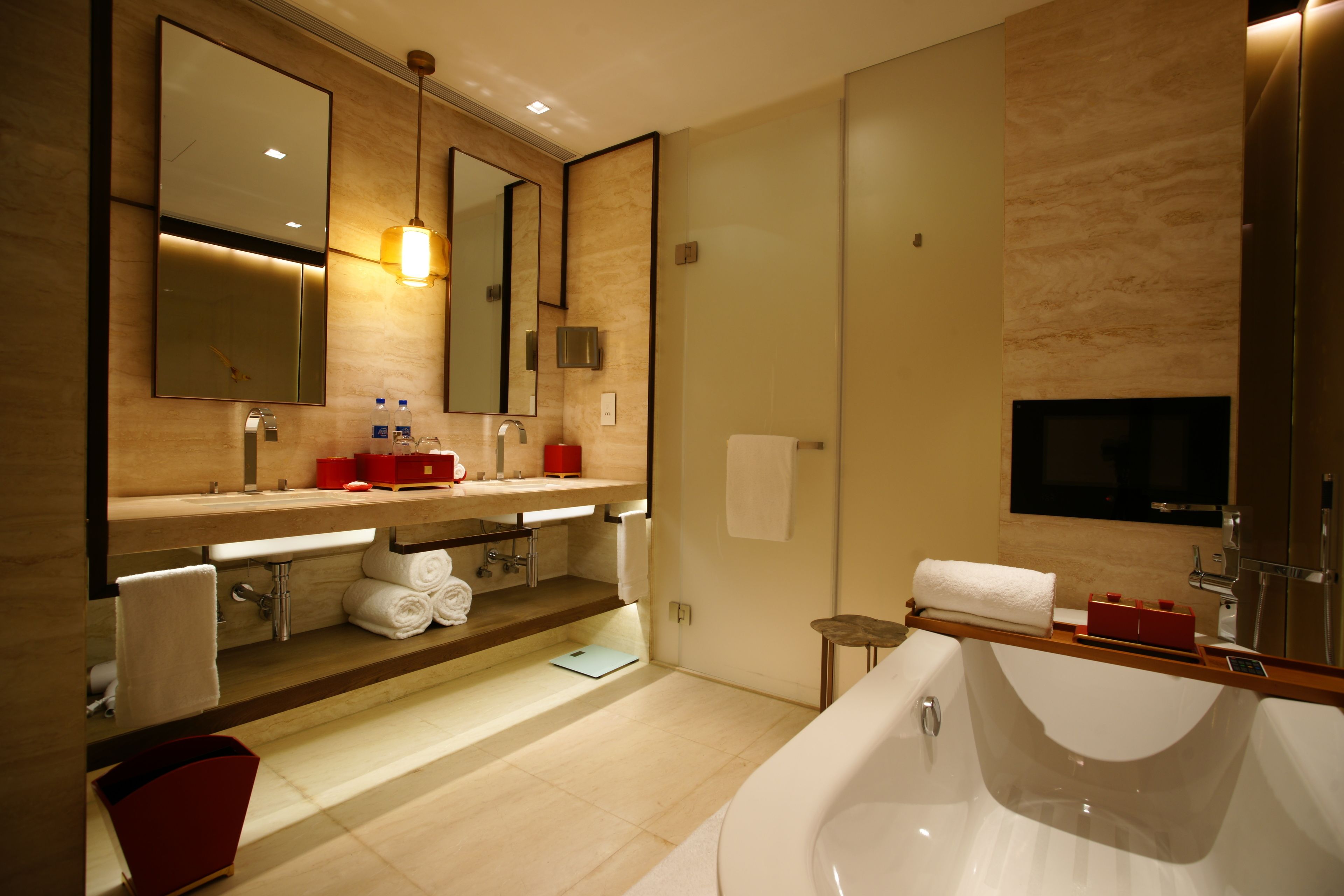 separate bathtub and shower, rainfall showerhead, hair dryer, bathrobes
