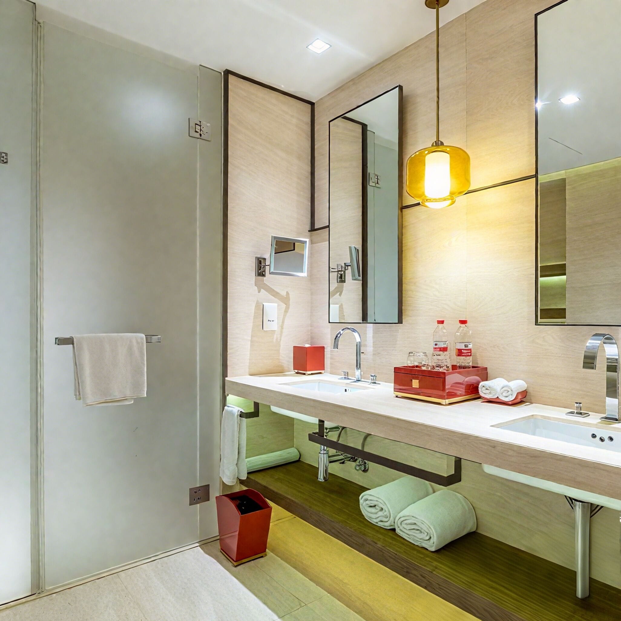 Un baño moderno con un espejo grande, un lavamanos, una caja roja para guardar objetos y toallas.