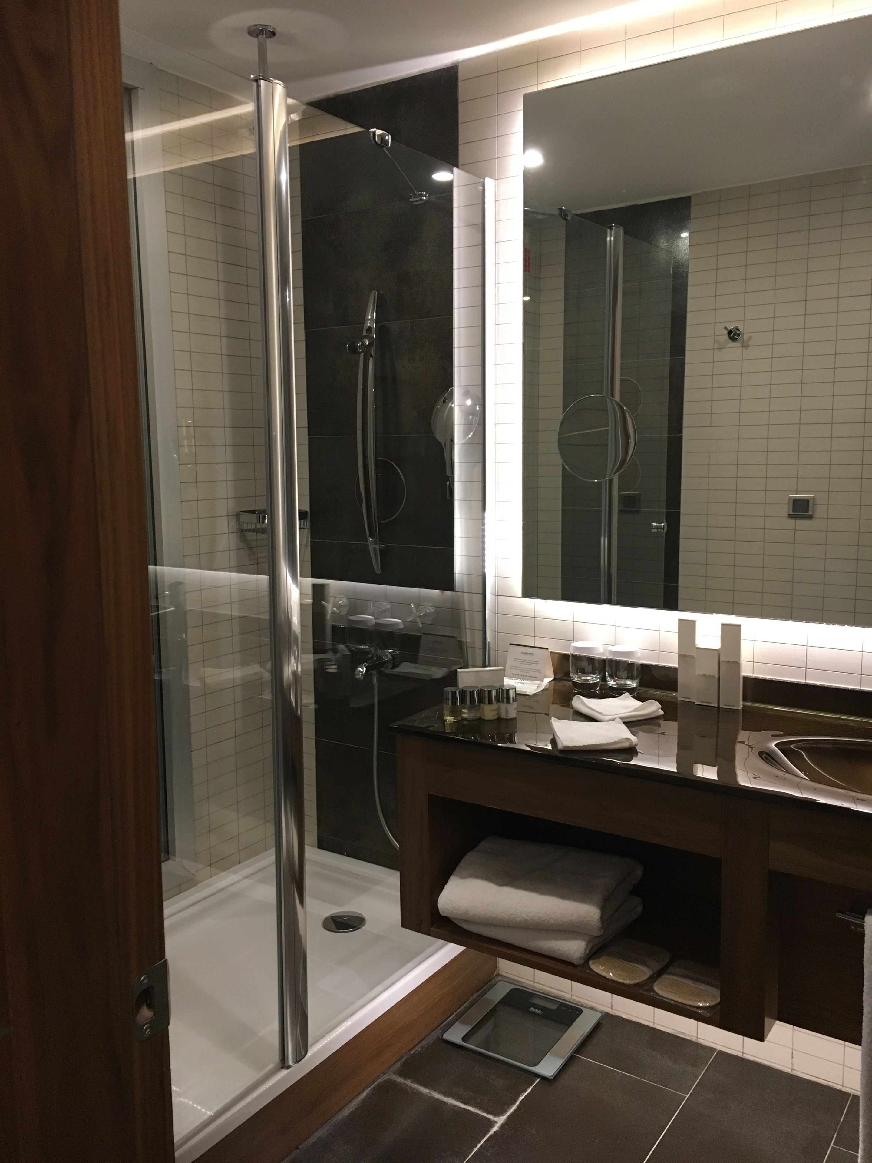 A modern bathroom with a glass-enclosed shower, a vanity with a mirror, and a towel rack.