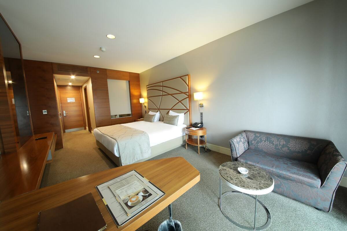 A hotel room with a bed, a sofa, a small table, a desk, and a chair.