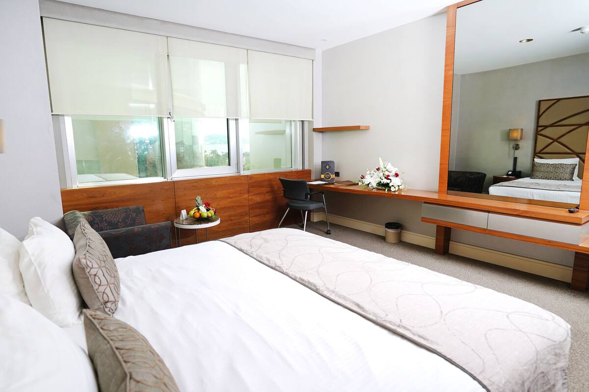 A hotel room with a bed, a desk, a chair, a small table with fruit, a mirror, and a window with blinds.