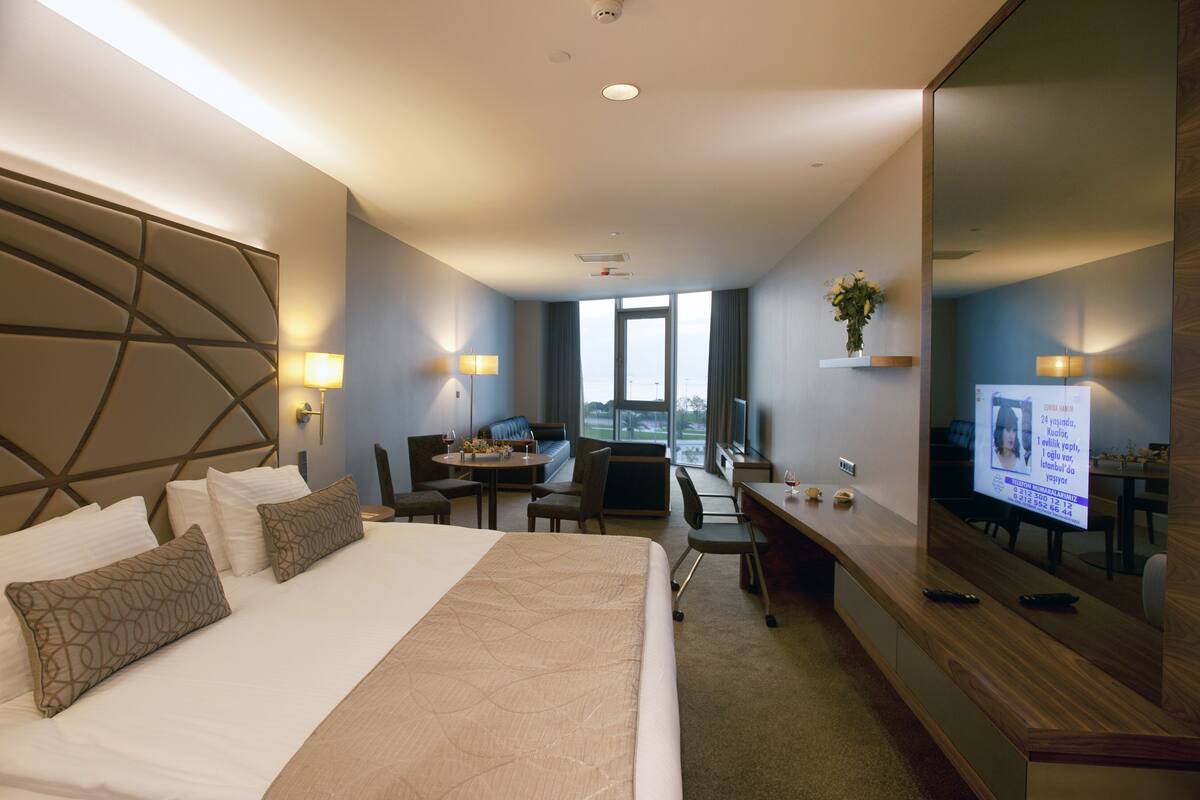 A hotel room with a large bed, a desk, a chair, a TV, and a view of the city.