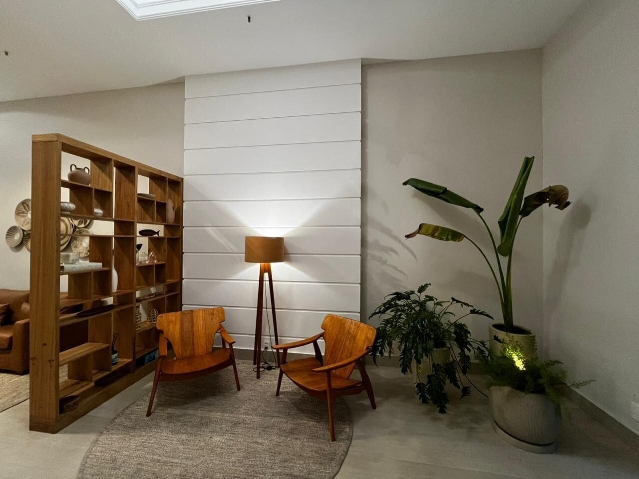A room with a wooden bookshelf, two wooden chairs, a floor lamp, and a large potted plant.