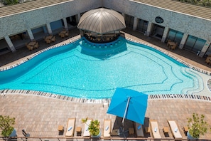 Outdoor pool, free pool cabanas, pool umbrellas