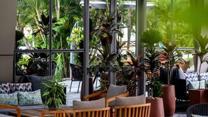 An outdoor seating area with wooden chairs and tables, surrounded by large windows offering views of greenery. - Radisson Blu Hotel Lusaka (Lusaka)