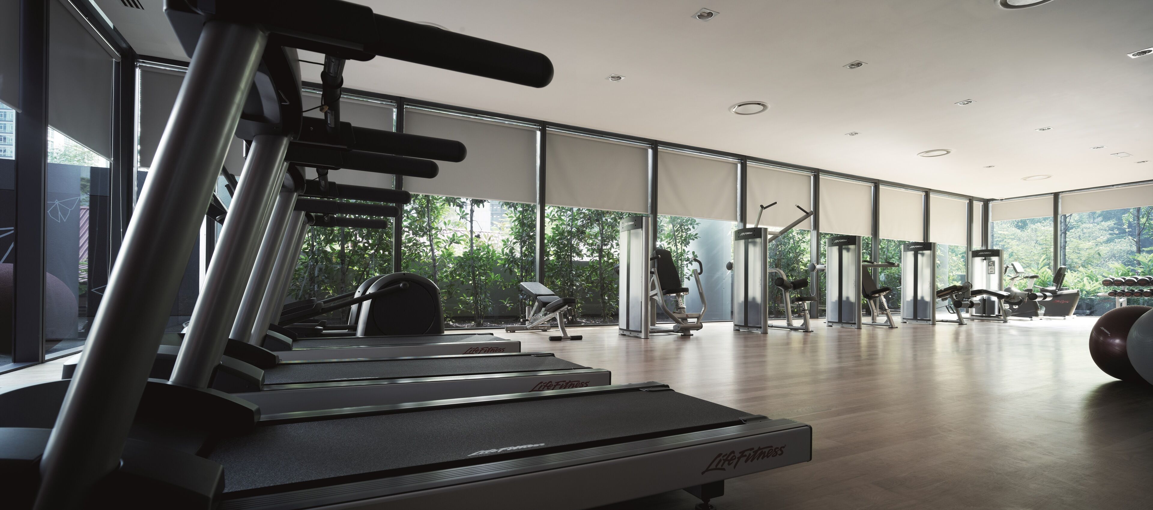 A modern gym with treadmills, weight machines, and exercise equipment.