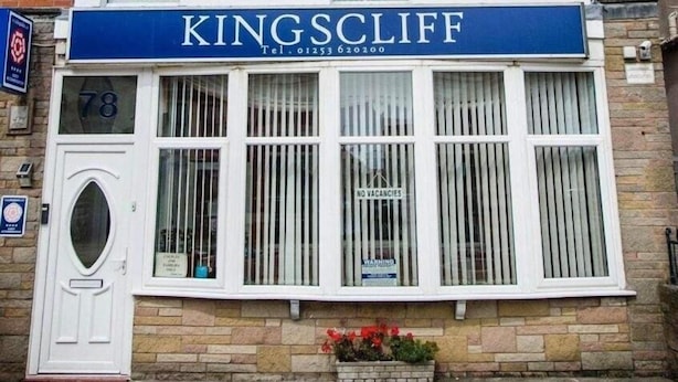 A building with a 'Kingscliff' sign, a white door, and a 'No Vacancies' sign. - The Kingscliff (Blackpool)