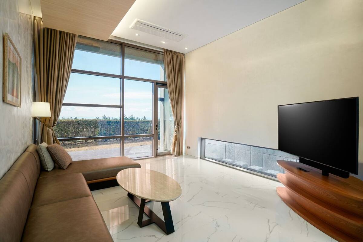 A modern living room with a sofa, a coffee table, a flat-screen TV, and large windows offering a view of the outdoors.