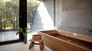 Combined shower/tub, jetted tub, free toiletries, hair dryer