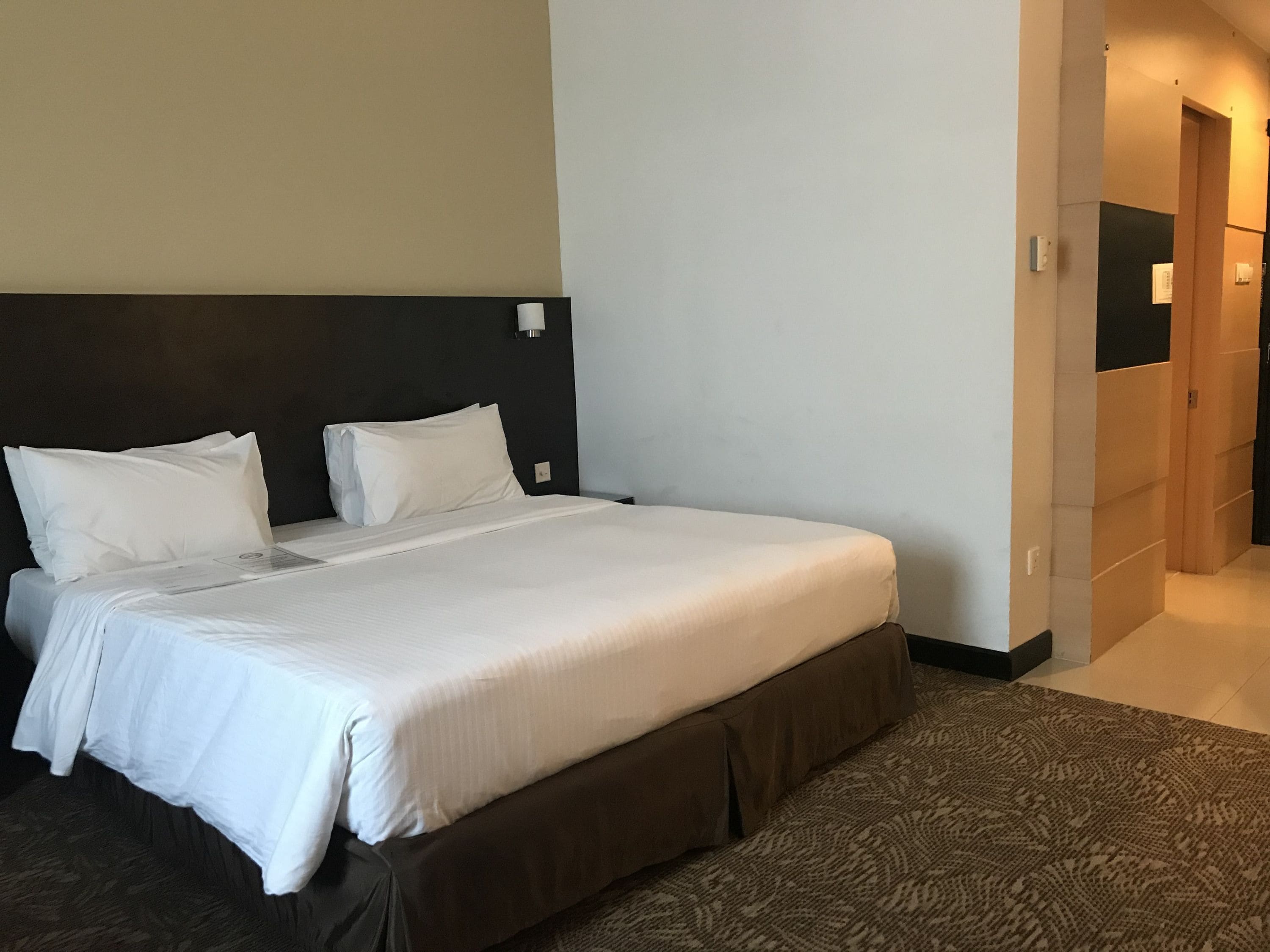 A hotel room with a large bed, a dark headboard, and a patterned carpet.