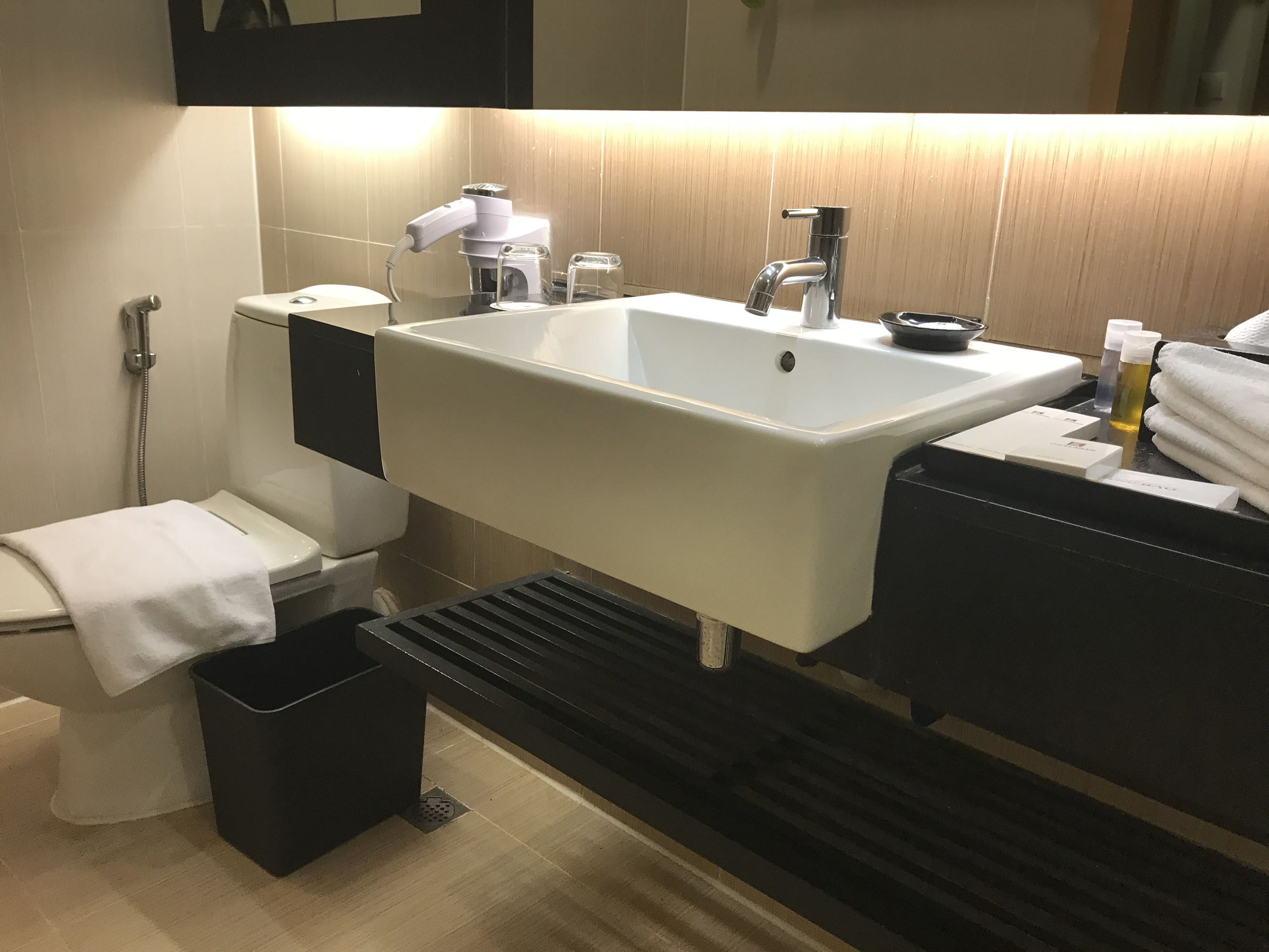 atrium | bathroom | shower, rainfall showerhead, free toiletries, hair dryer