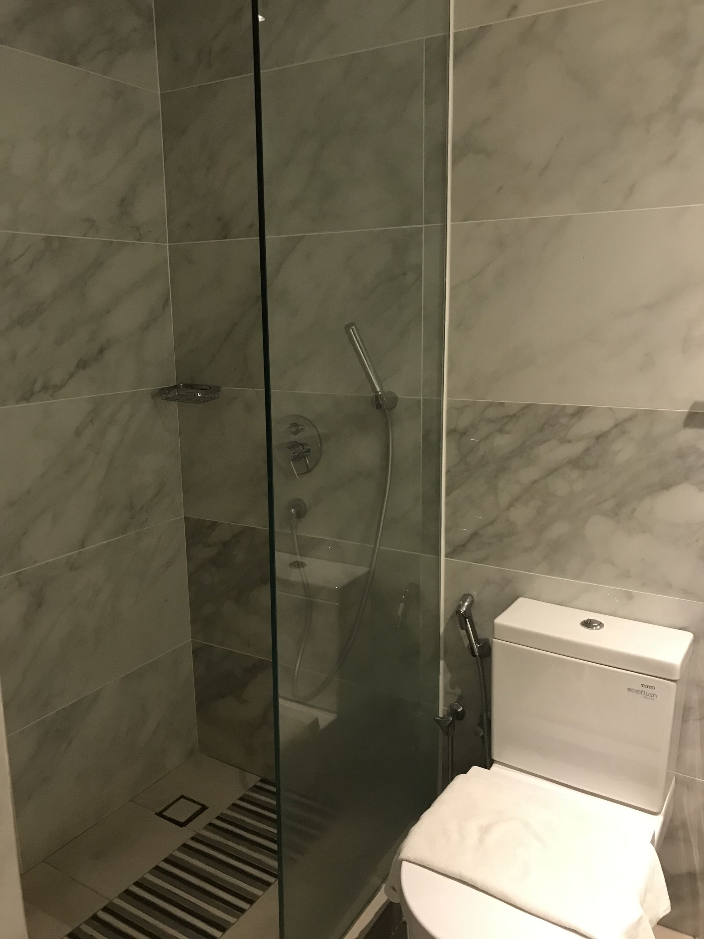Een moderne badkamer met een douche met glazen wand, een toilet en een douchetoilet.