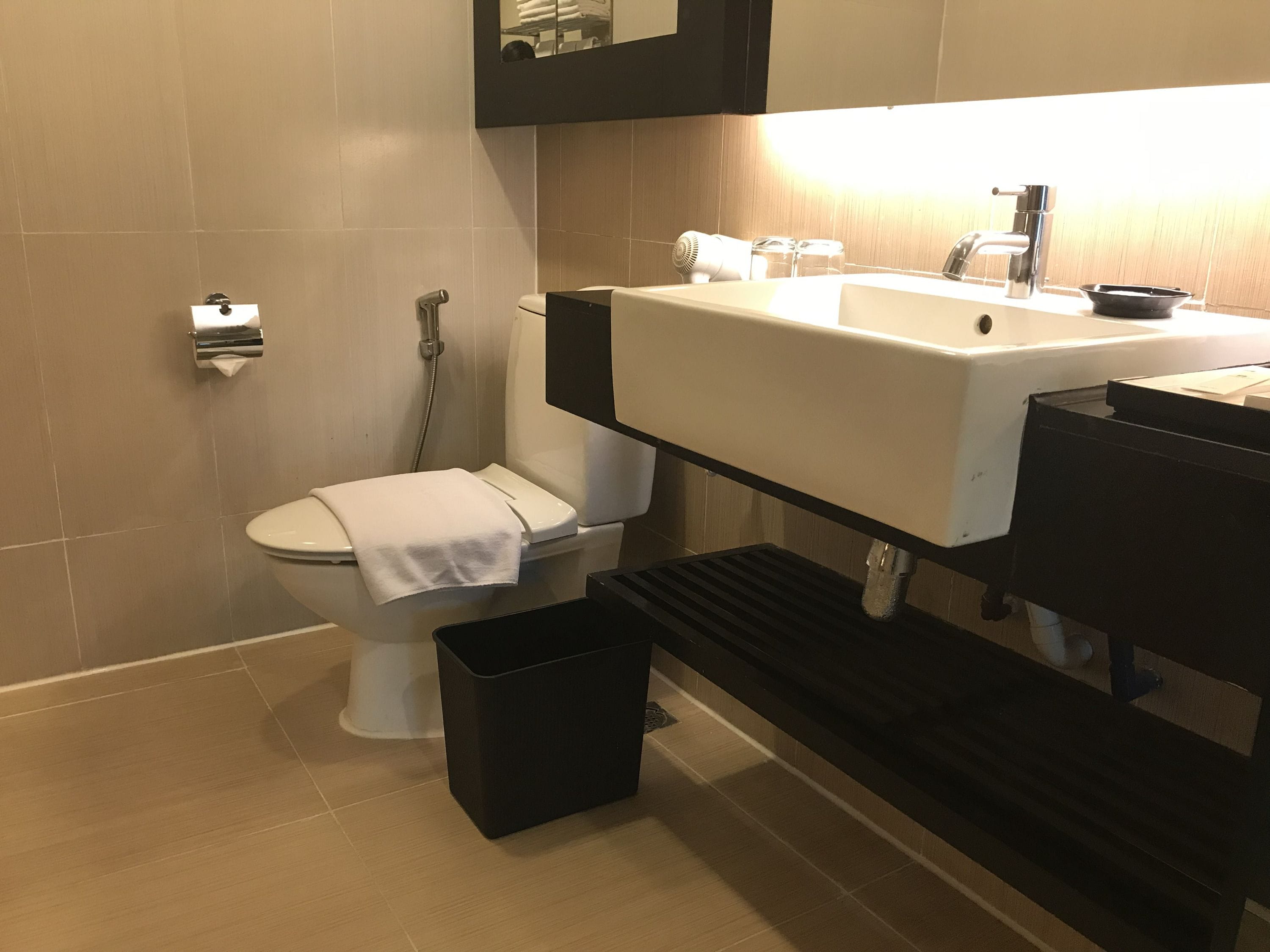 deluxe room | bathroom | shower, rainfall showerhead, free toiletries, hair dryer