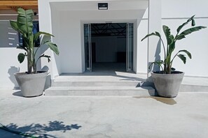 A building entrance with a set of concrete steps leading up to a glass door. There are two potted plants on either side of the entrance. - Evita Elite (Rhodes)