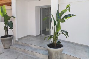A building entrance with a glass door, potted plants, and a concrete staircase. - Evita Elite (Rhodes)