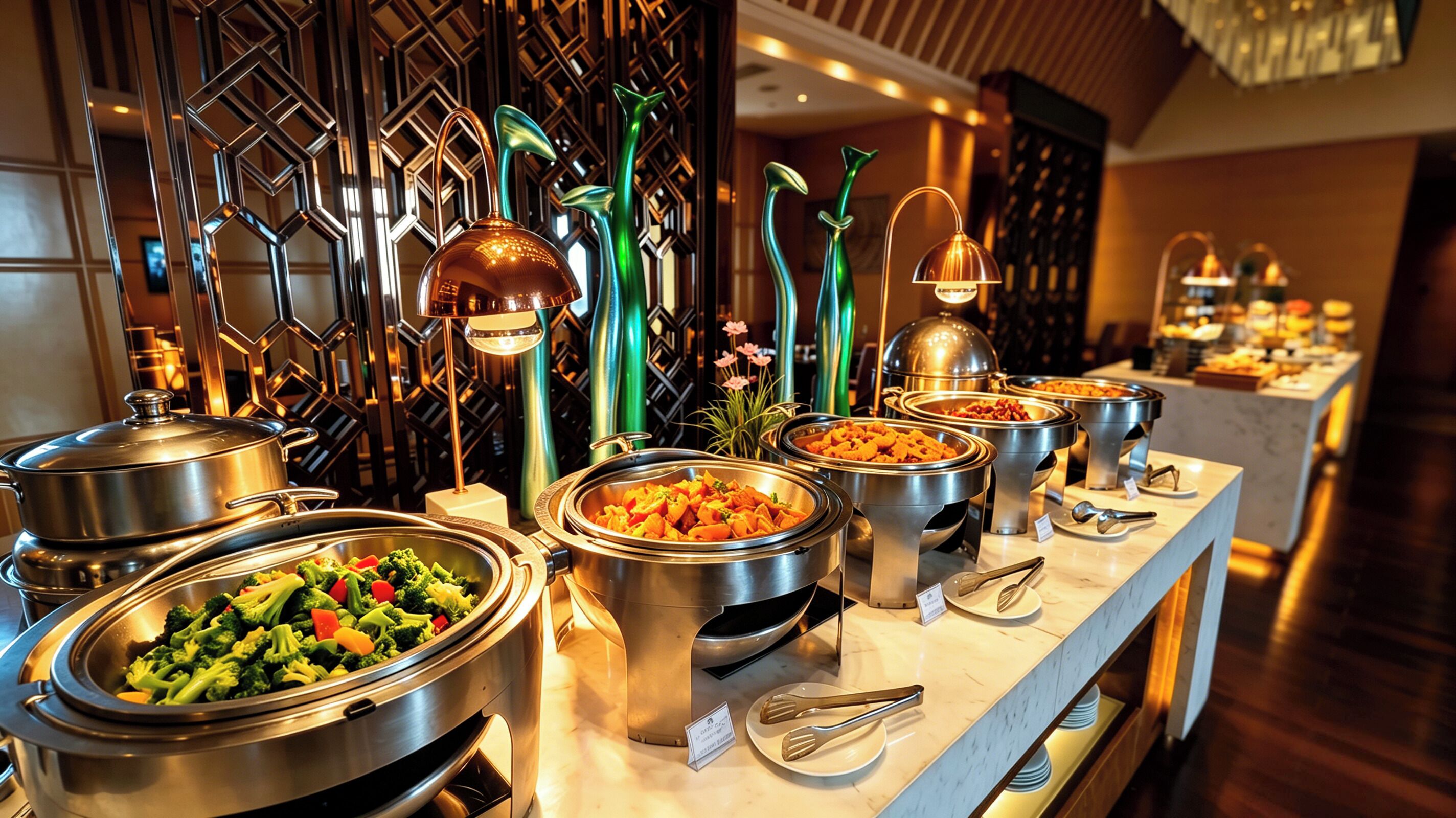 Una mesa de buffet con varios recipientes de comida y utensilios para servir.
