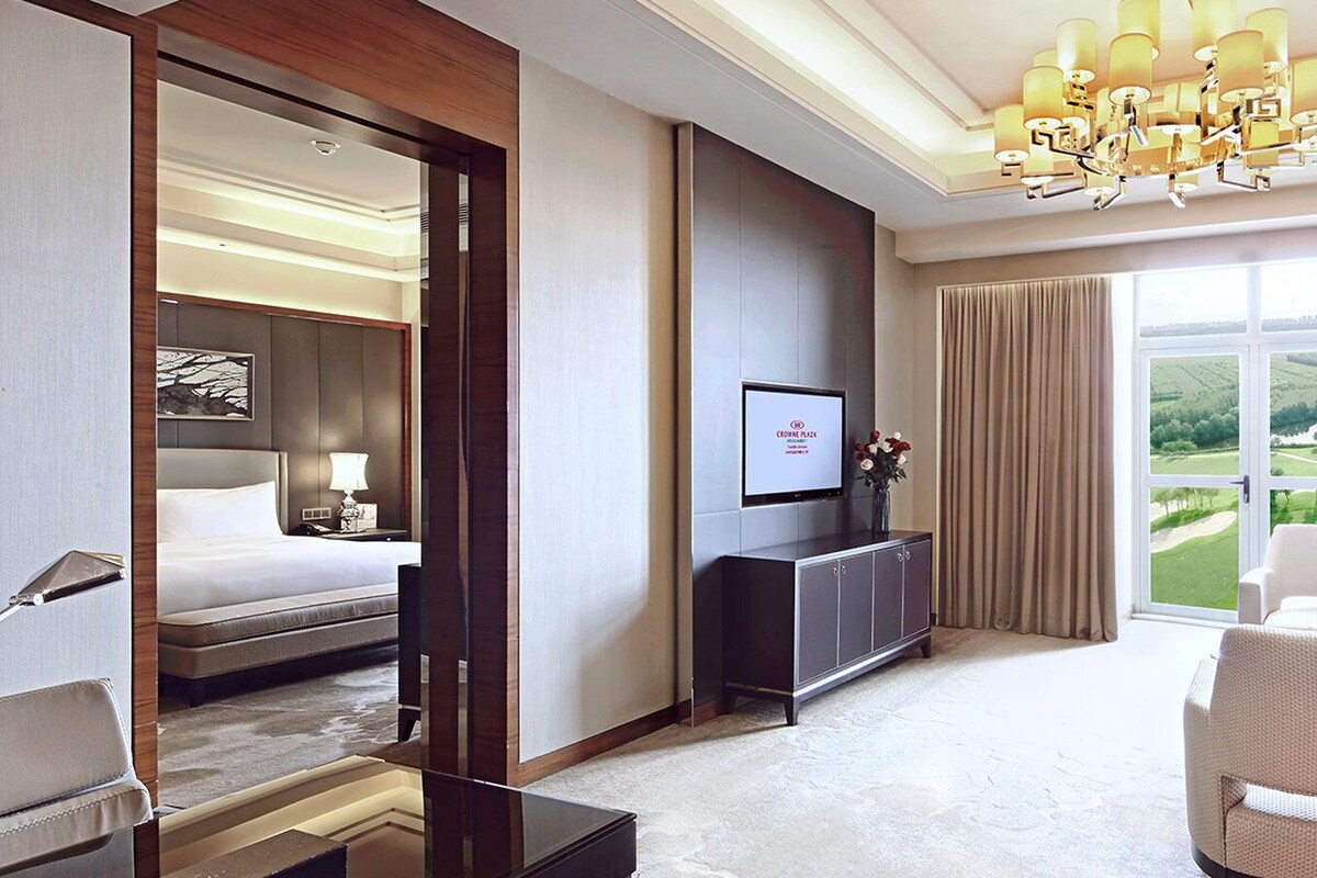 Una habitación de hotel con cama, televisión, escritorio, silla y vistas al campo.