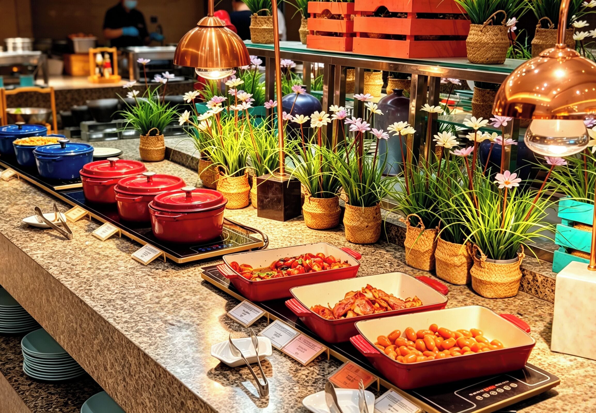 A buffet setup with various food items and decorative plants.
