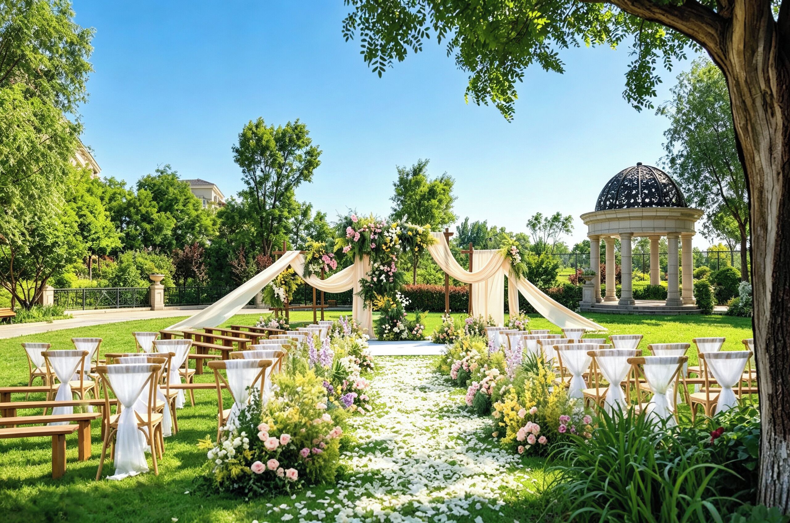 An outdoor wedding venue with a clear aisle, wooden chairs, and a gazebo in the background.