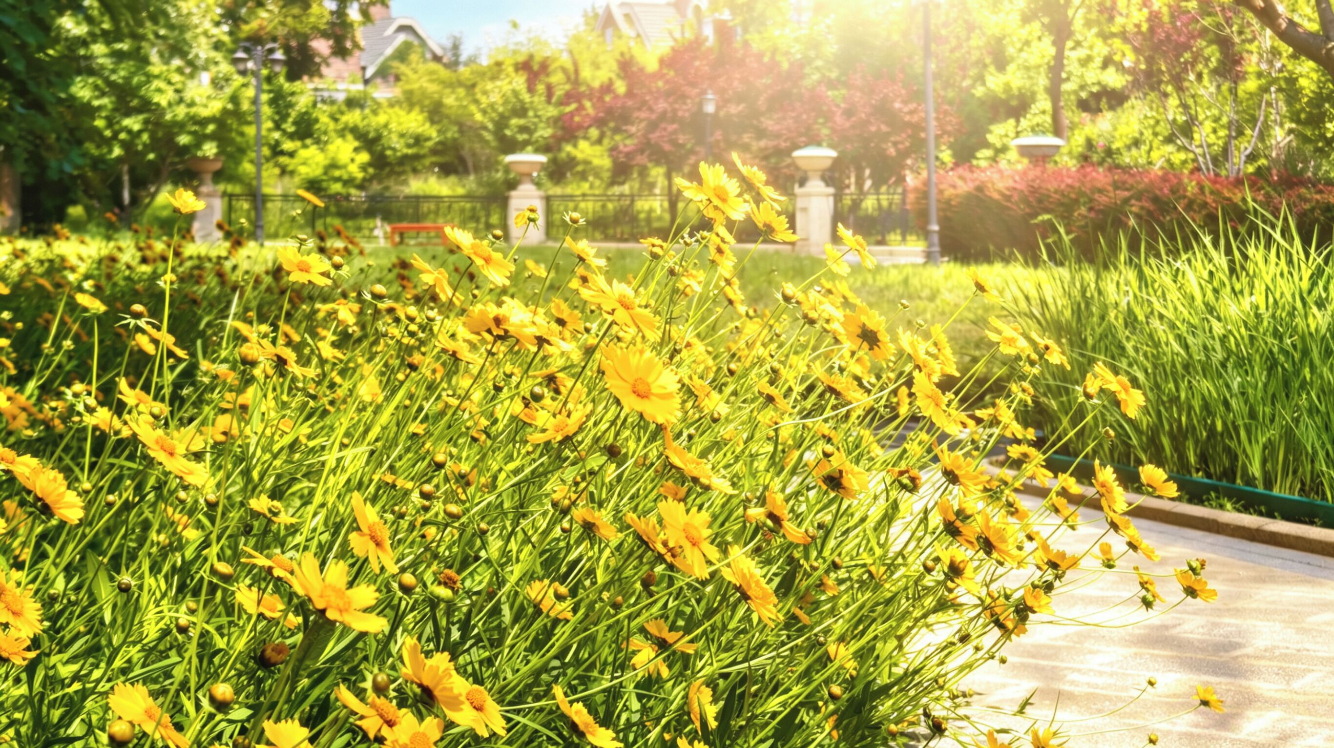 Un jardín con flores amarillas y césped verde.