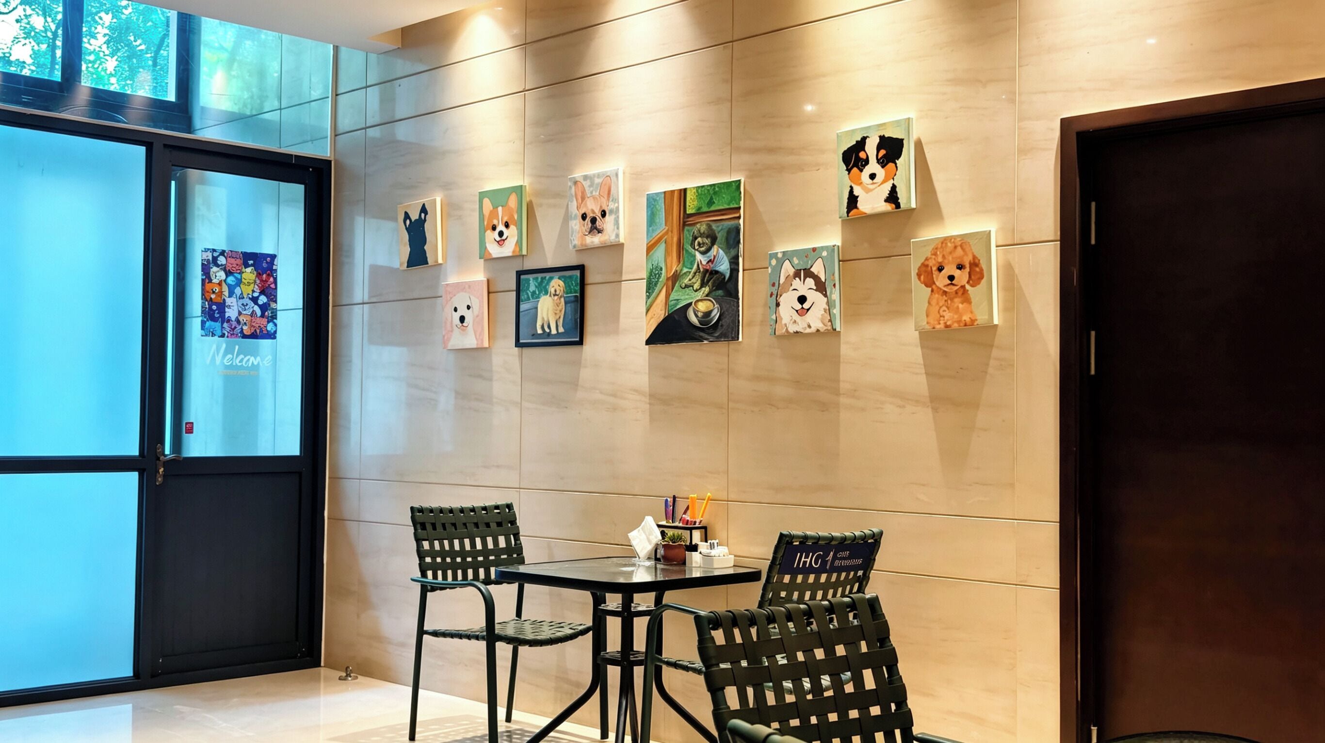 A room with a glass door, a wall with framed dog pictures, a small table with chairs, and a dark door.