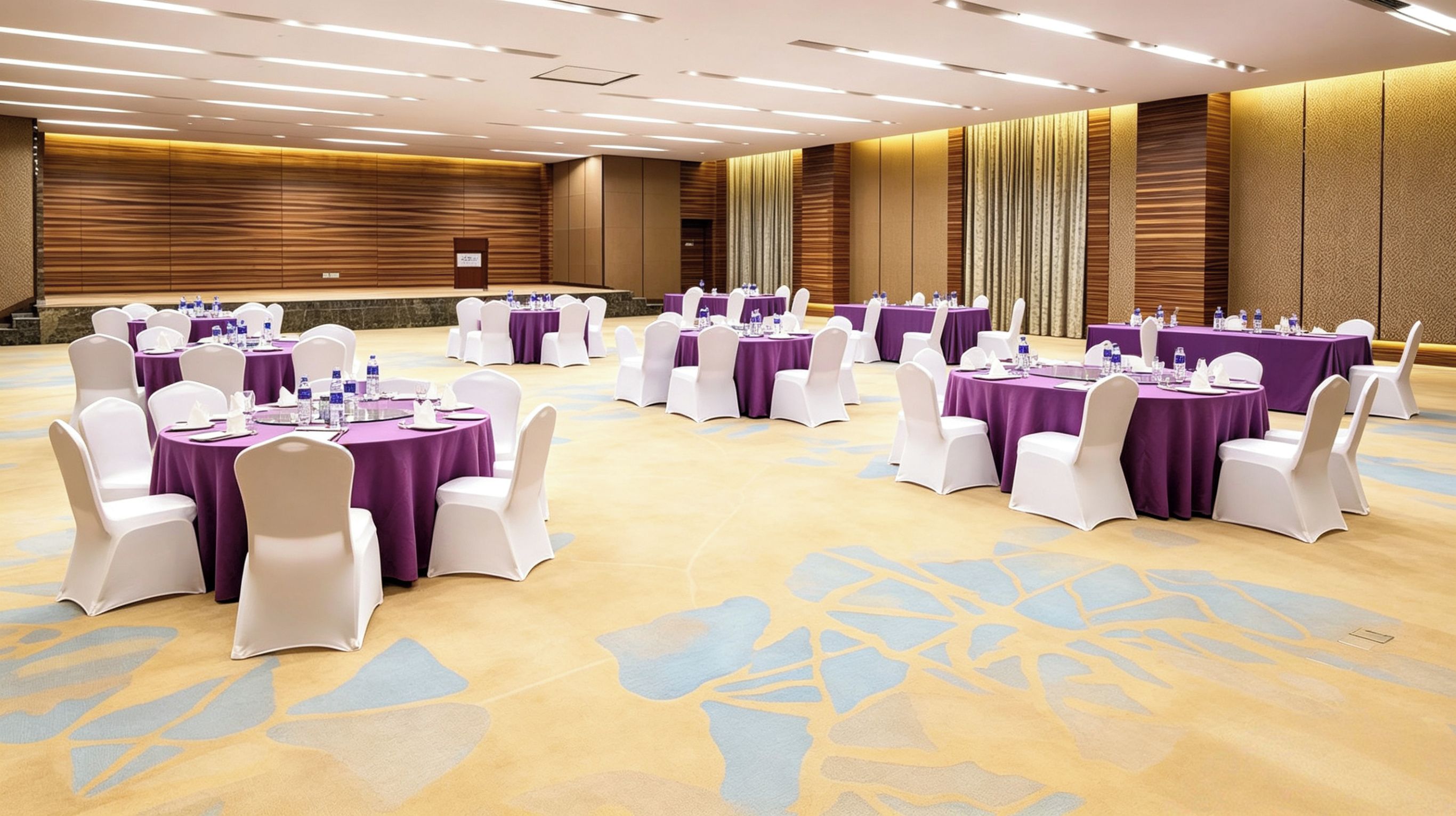 A conference room with round tables, white chairs, and purple tablecloths.