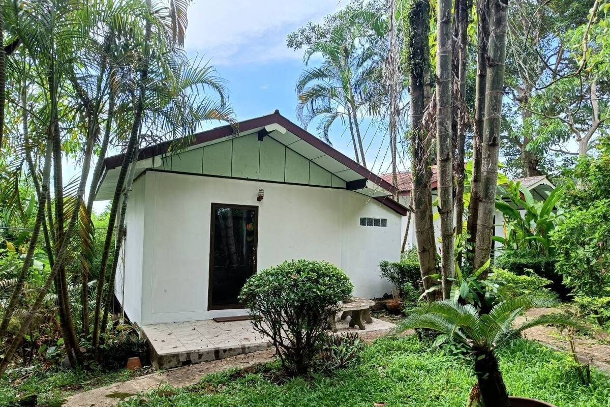 A small, single-story building with a white exterior and a dark door, surrounded by lush greenery and tall trees.