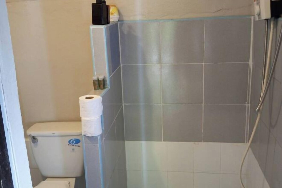 A bathroom with a toilet, a shower area with a glass door, and a towel rack.