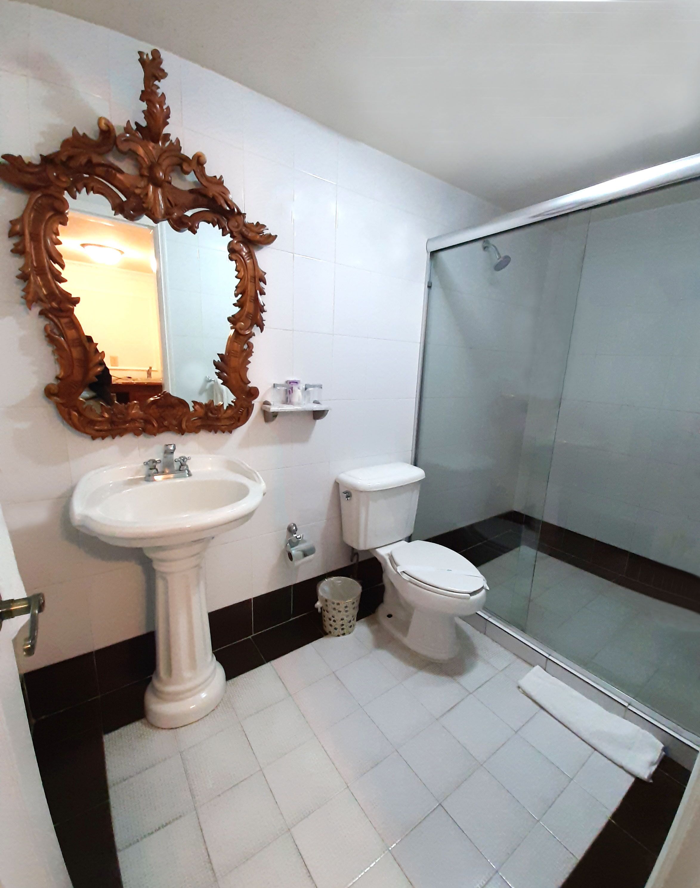 A bathroom with a pedestal sink, toilet, and a glass shower enclosure.