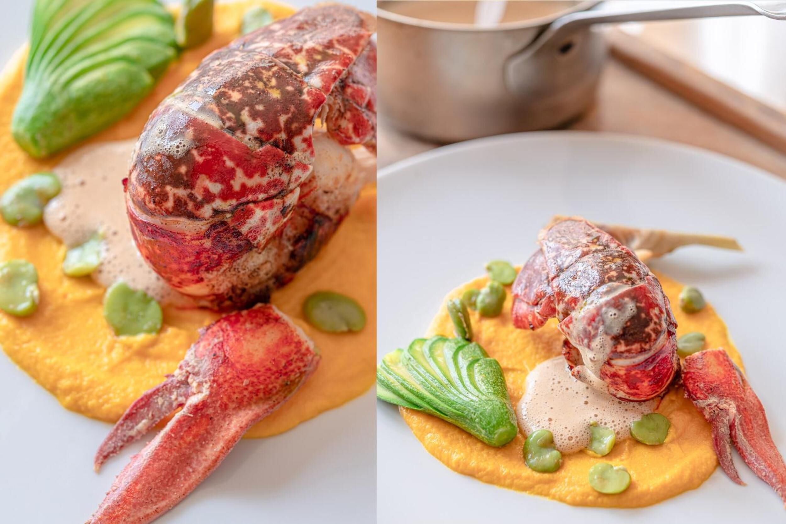A lobster dish with green peas and a creamy sauce on a plate.
