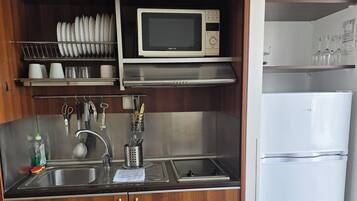 Une cuisine compacte équipée d’un four à micro-ondes, d’un évier en acier inoxydable et d’un réfrigérateur.