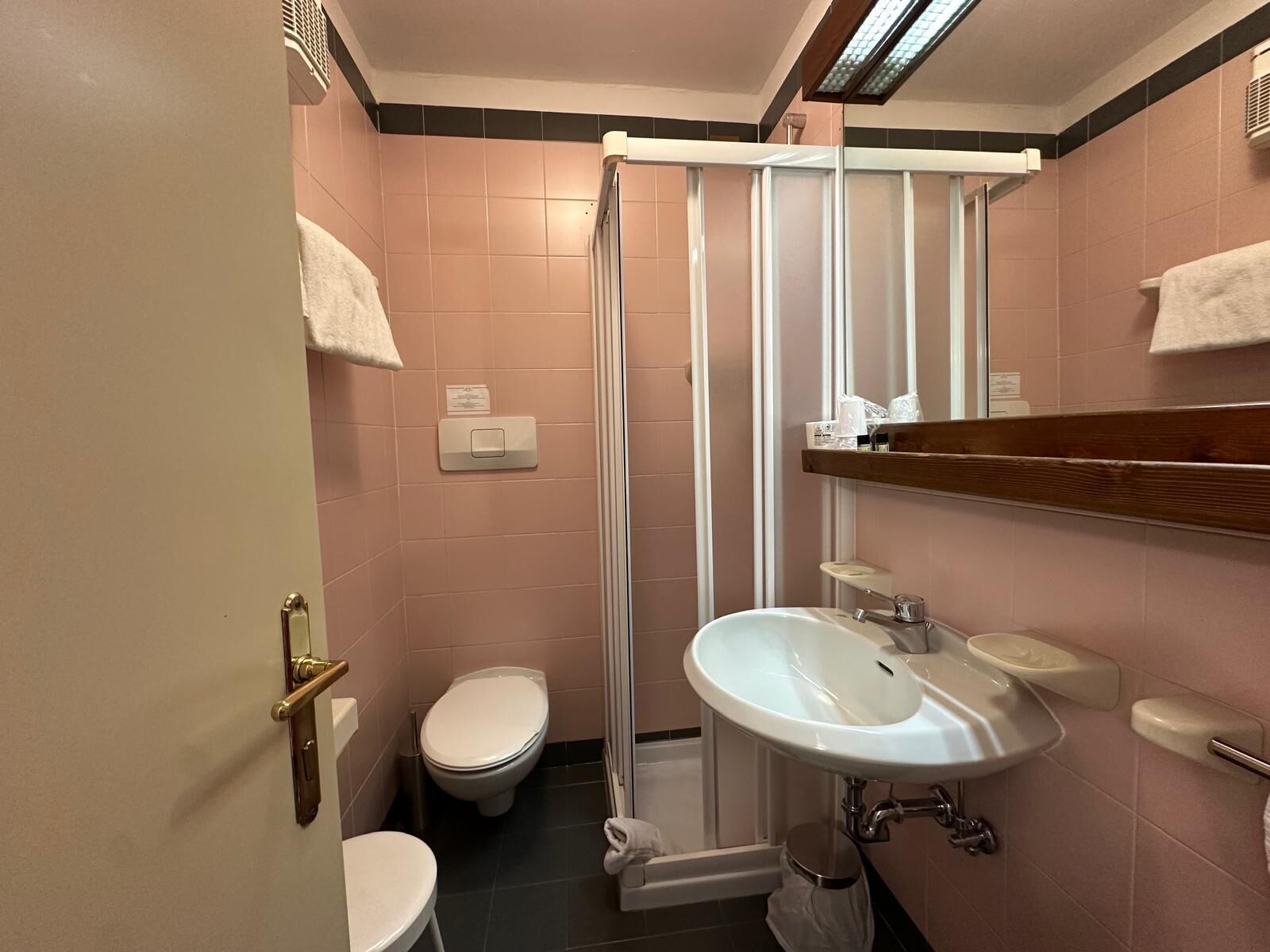 Ein Badezimmer mit Dusche, Toilette, Waschbecken und Handtuchhalter.