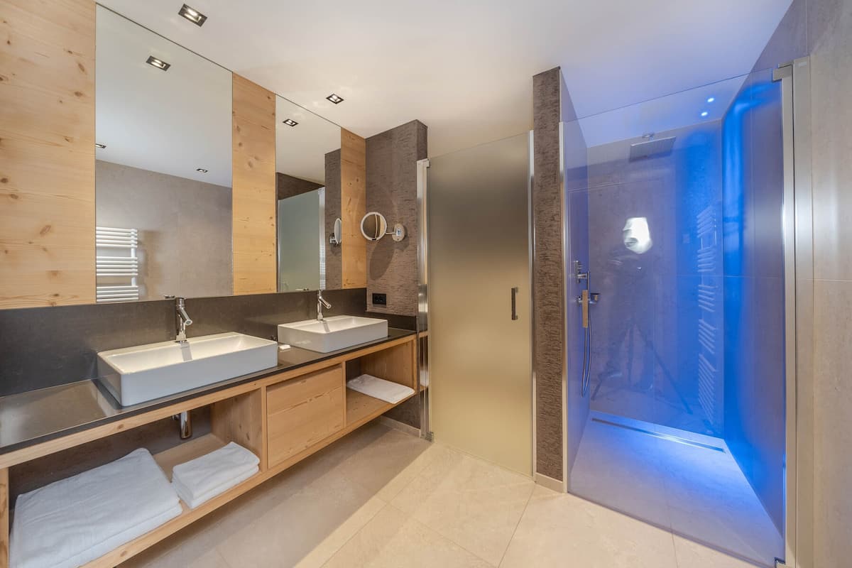 family suite, 1 king bed with sofa bed, mountain view | bathroom | shower, free toiletries, hair dryer, bathrobes