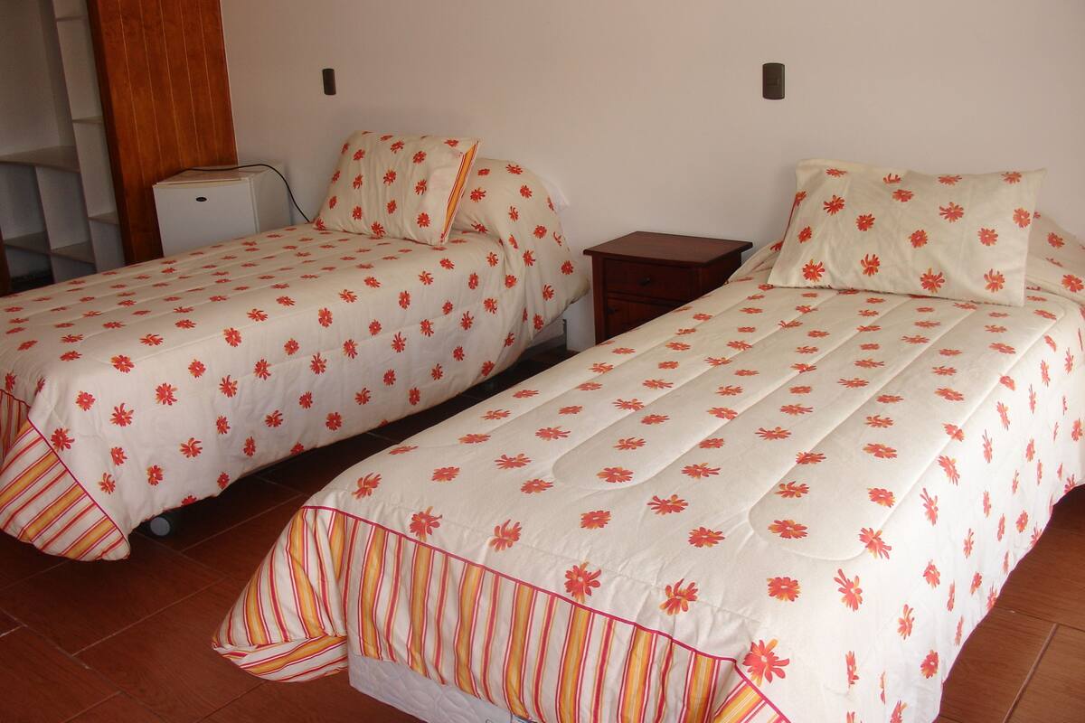 Two single beds with floral bedding, a small bedside table, and a wall-mounted heater.