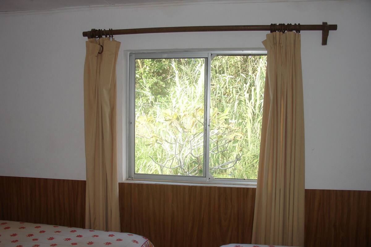A room with two beds, a window with curtains, and a wooden wall panel.