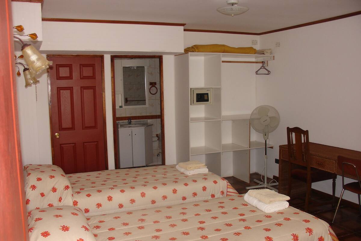 A bedroom with a bed, a desk, a chair, a wardrobe, and a bathroom.