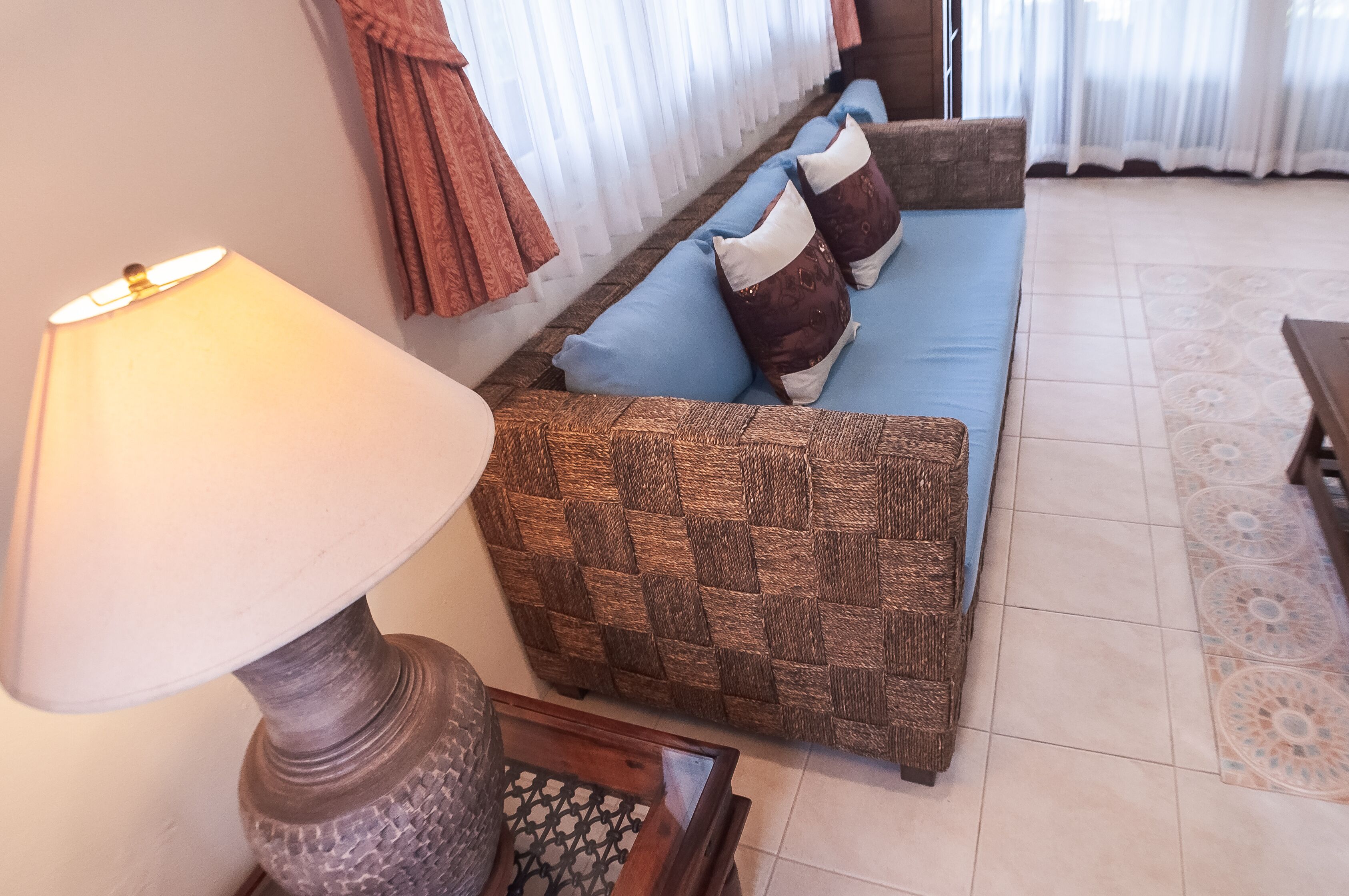 A living room with a sofa, a lamp, and a patterned rug.