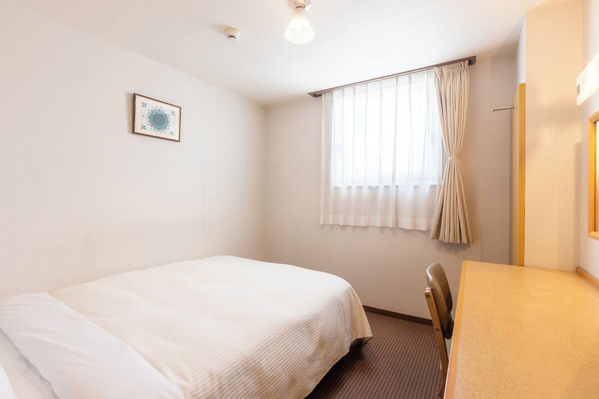 Habitación de hotel con una cama individual, una silla, una mesita, una ventana con cortinas y un cuadro colgado en la pared.