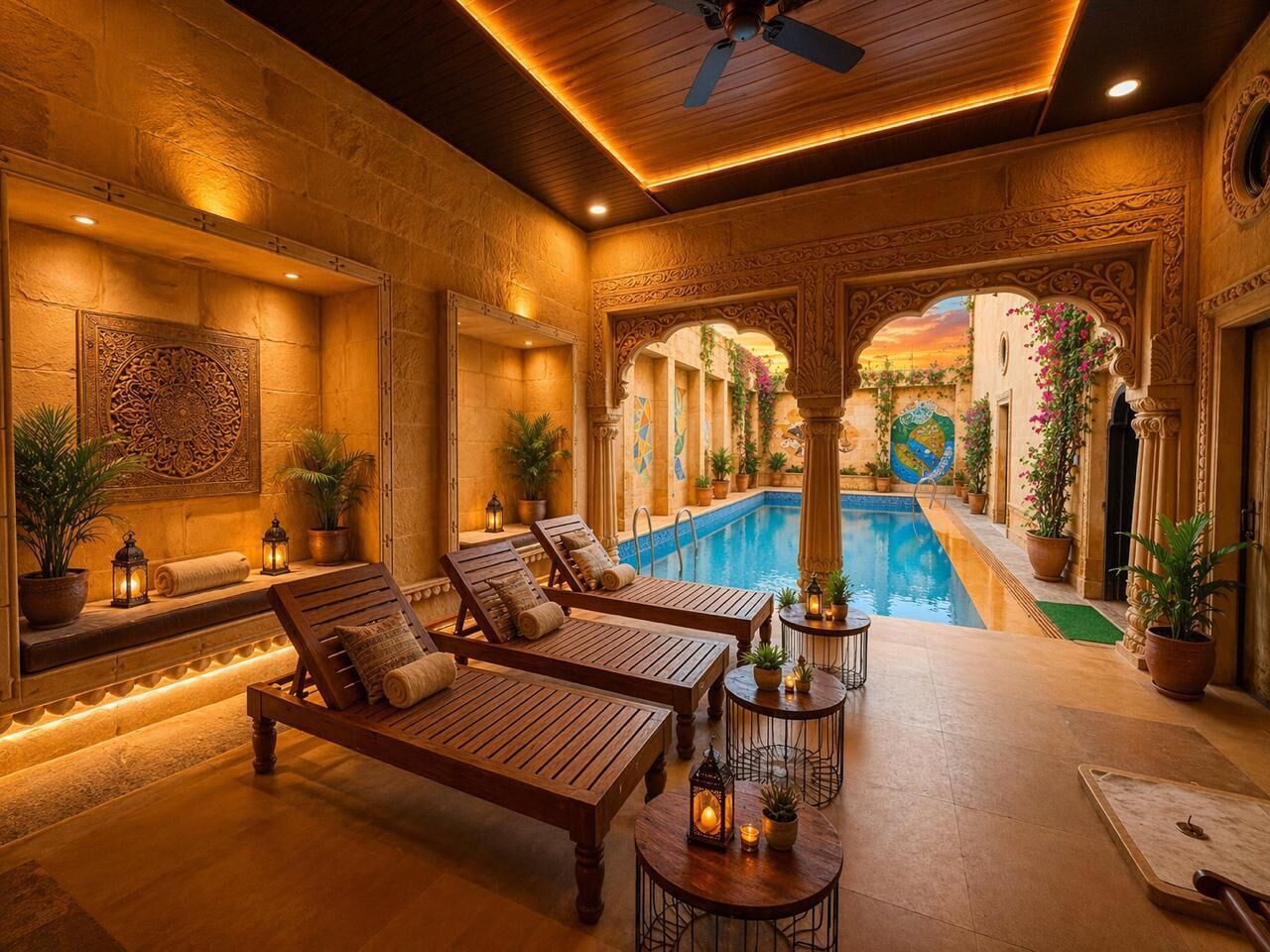 A spa area with wooden loungers, a pool, and decorative plants.