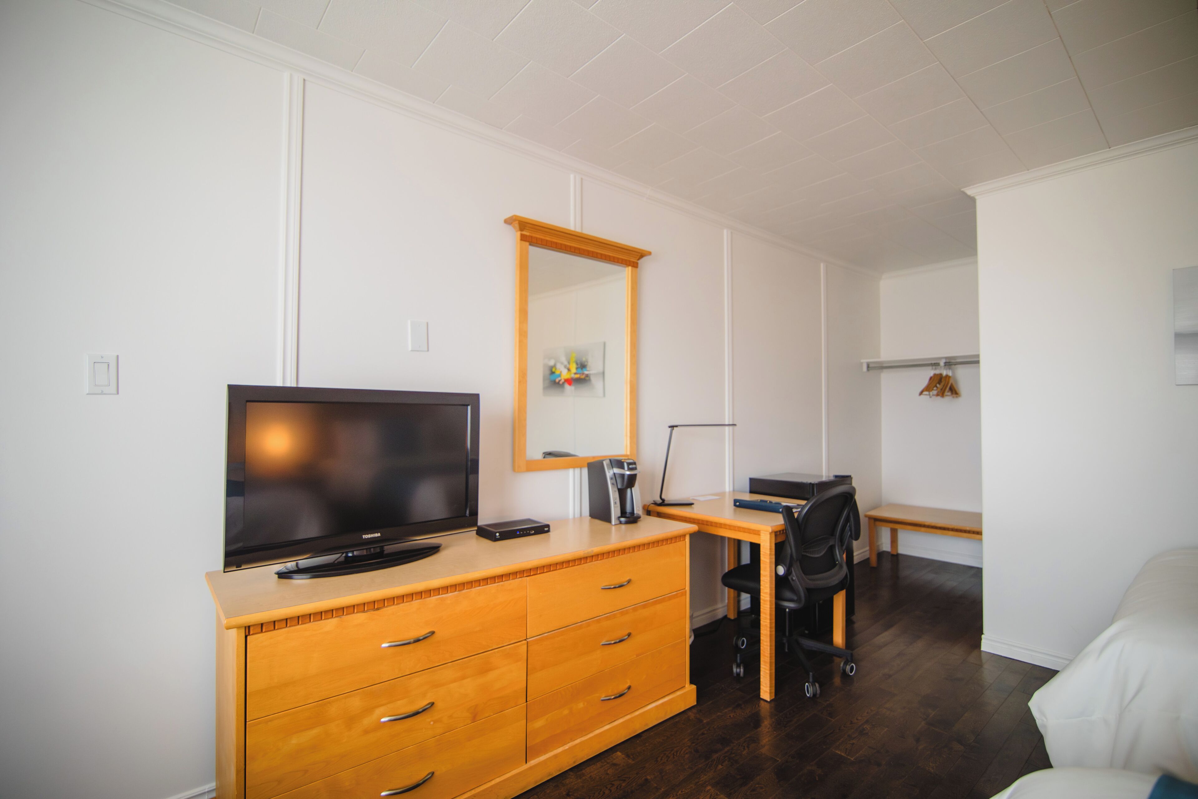 1 bedroom, desk, blackout curtains, iron/ironing board