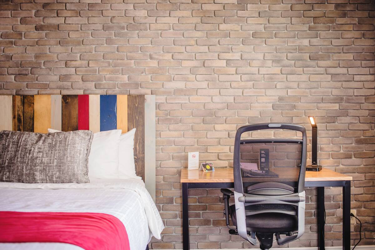 1 bedroom, desk, blackout curtains, iron/ironing board