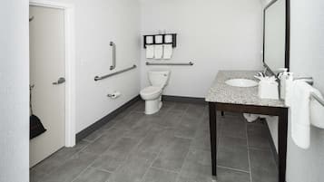 A modern bathroom with a toilet, grab bars, a sink, and a mirror.