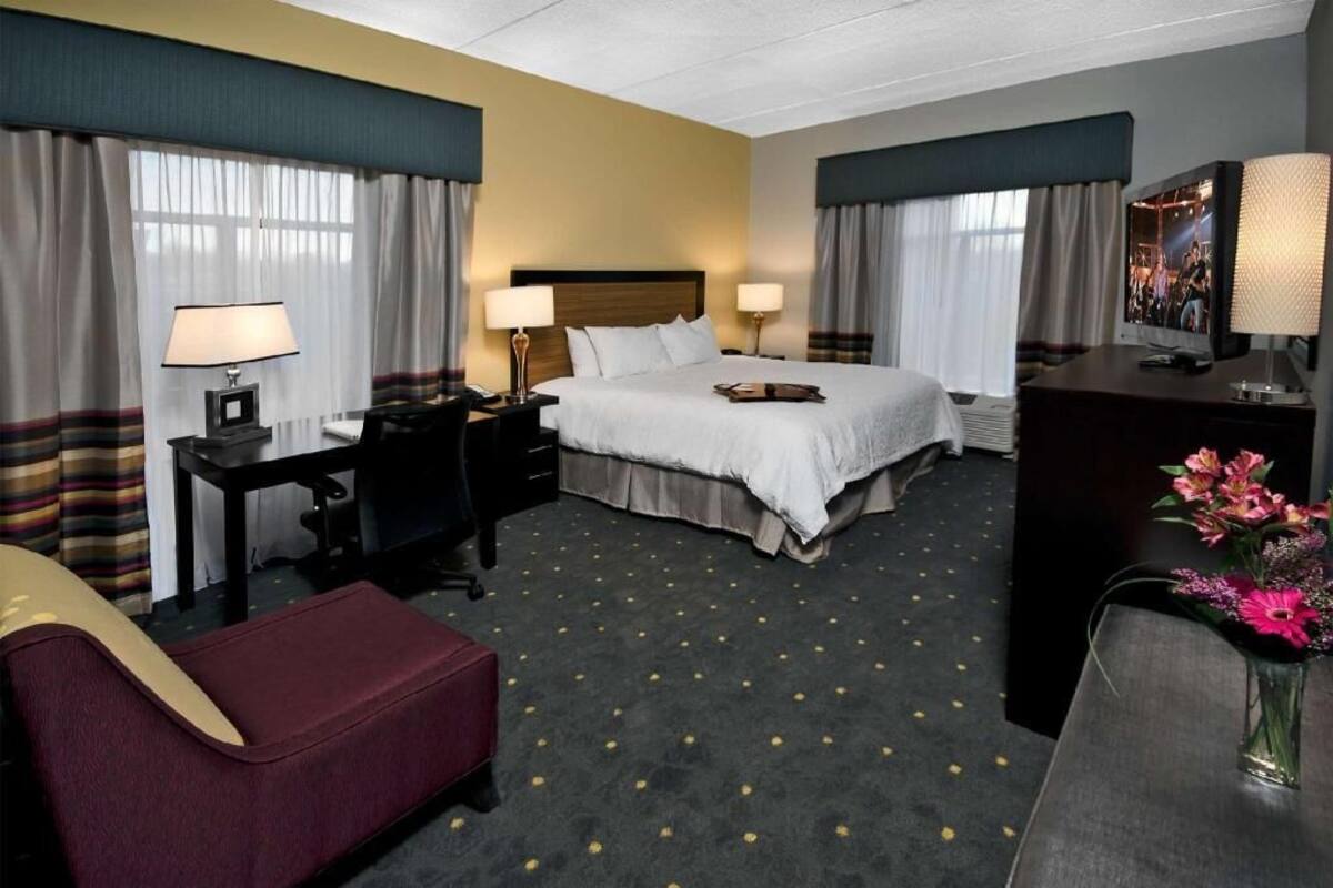 A hotel room with a bed, desk, chair, TV, and a vase of flowers.