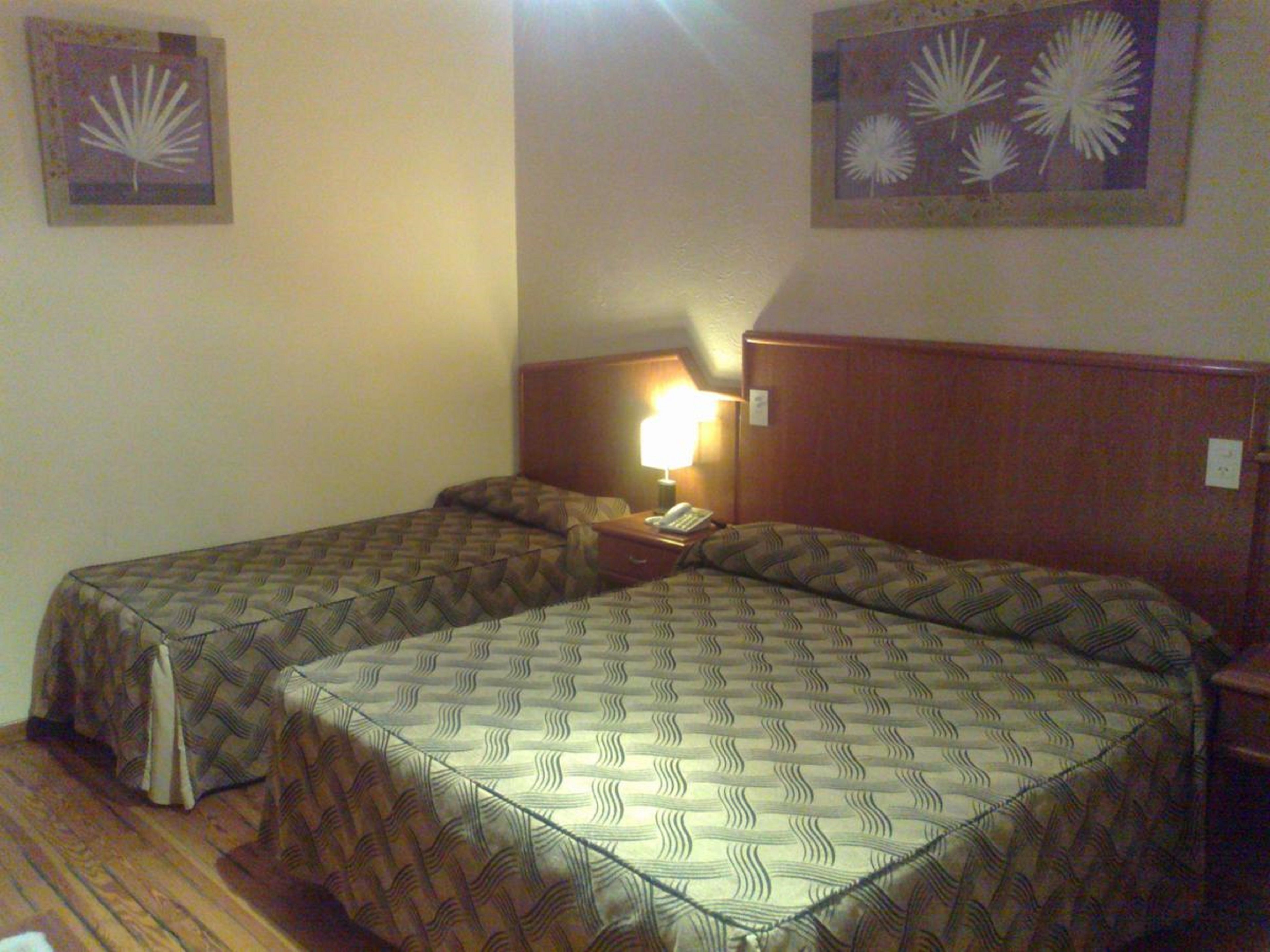 Une chambre d’hôtel avec deux lits, chacun agrémenté de draps à motifs, une table de chevet avec une lampe et des œuvres d’art accrochées au mur au-dessus des lits.