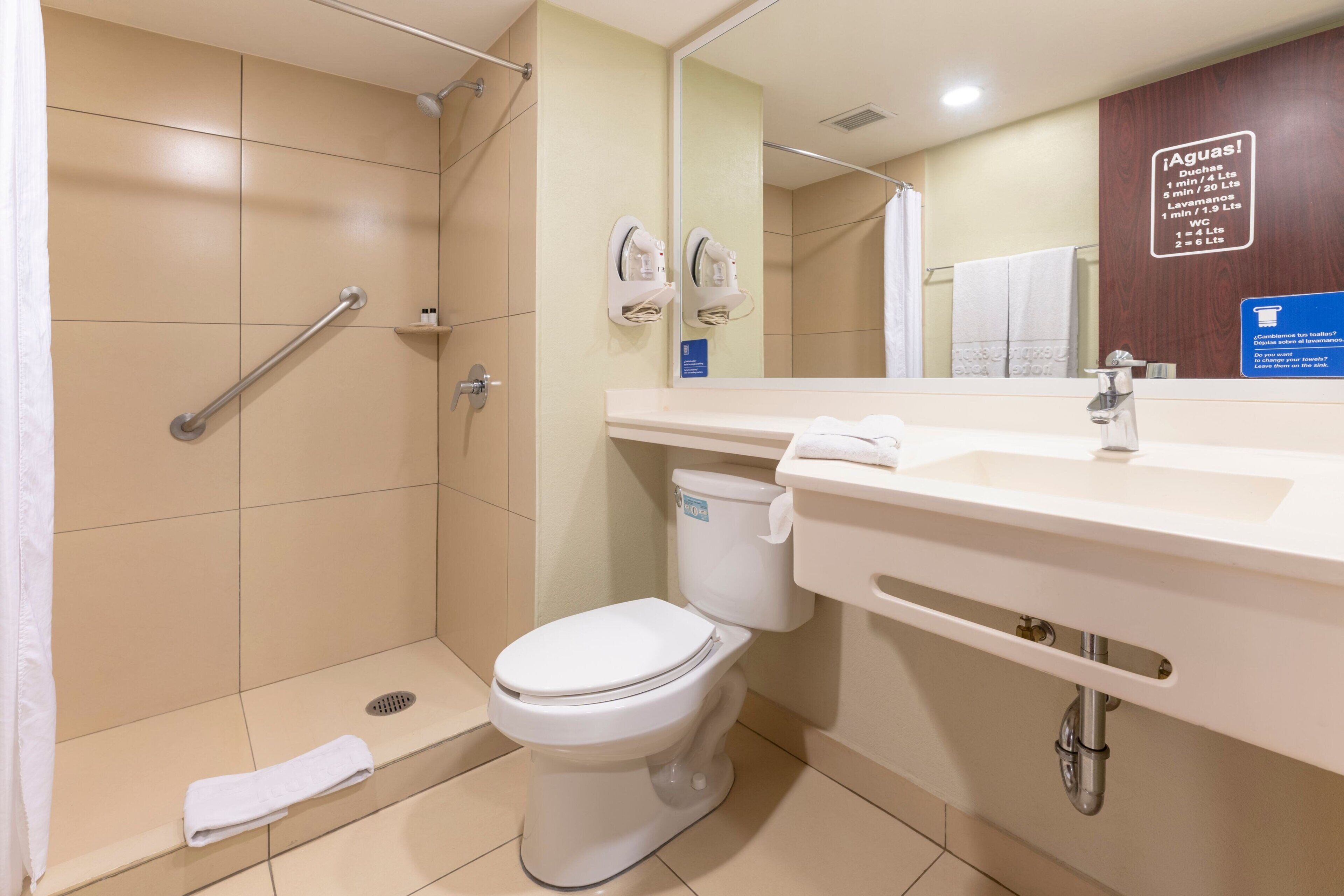 shower, free toiletries, hair dryer, towels