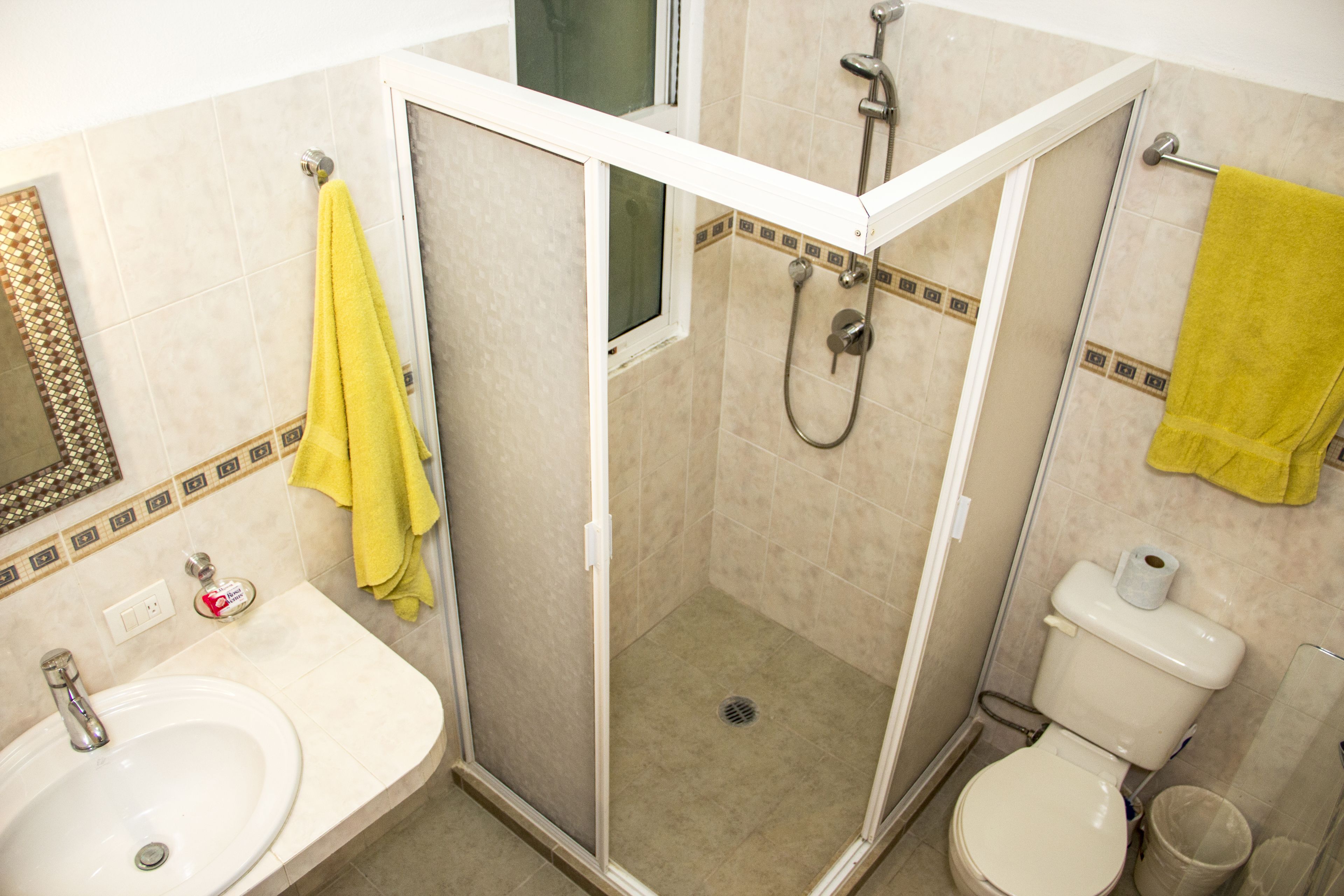 shower, free toiletries, hair dryer, towels