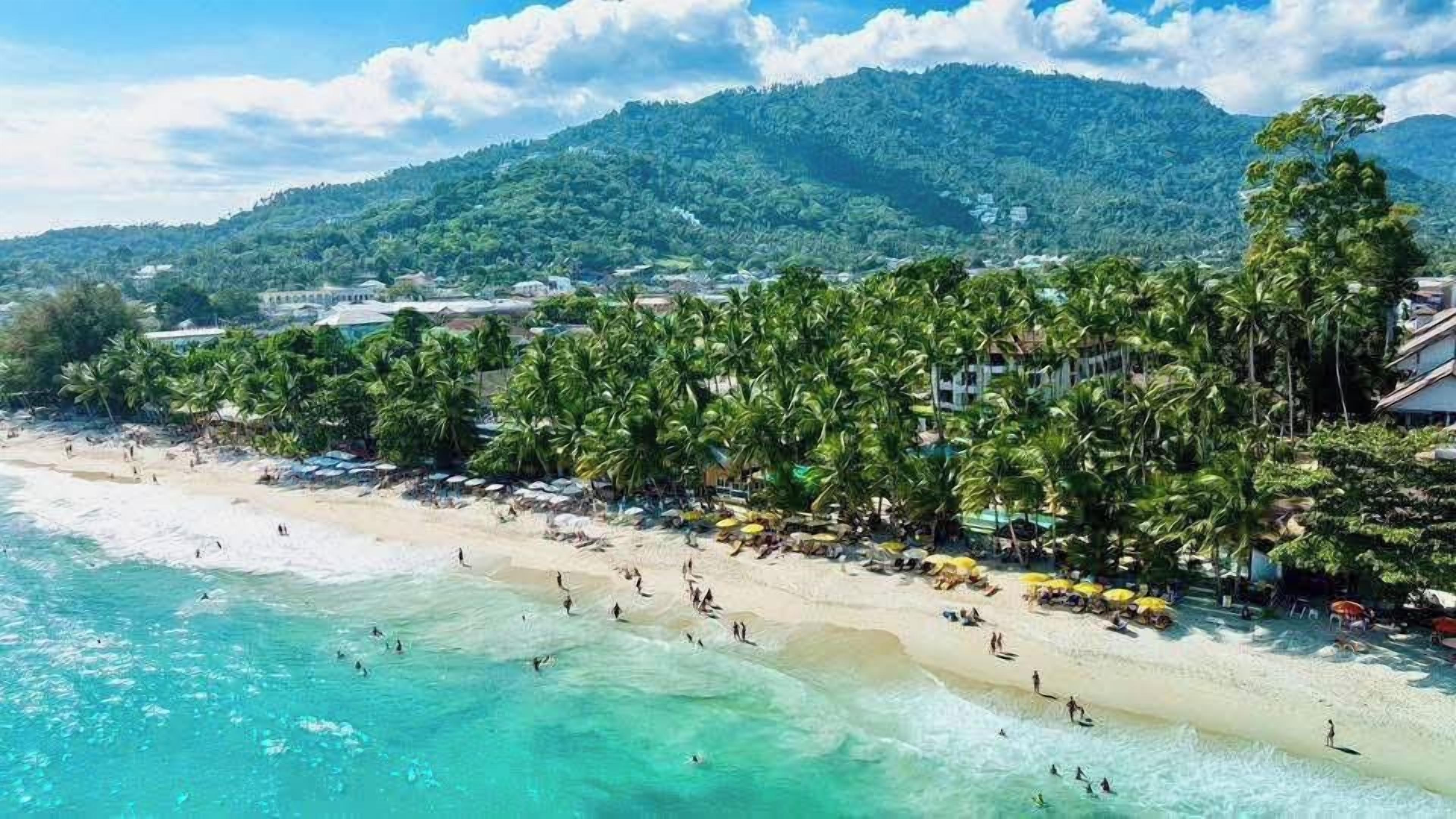 Una playa con aguas turquesas cristalinas, palmeras y montañas al fondo.