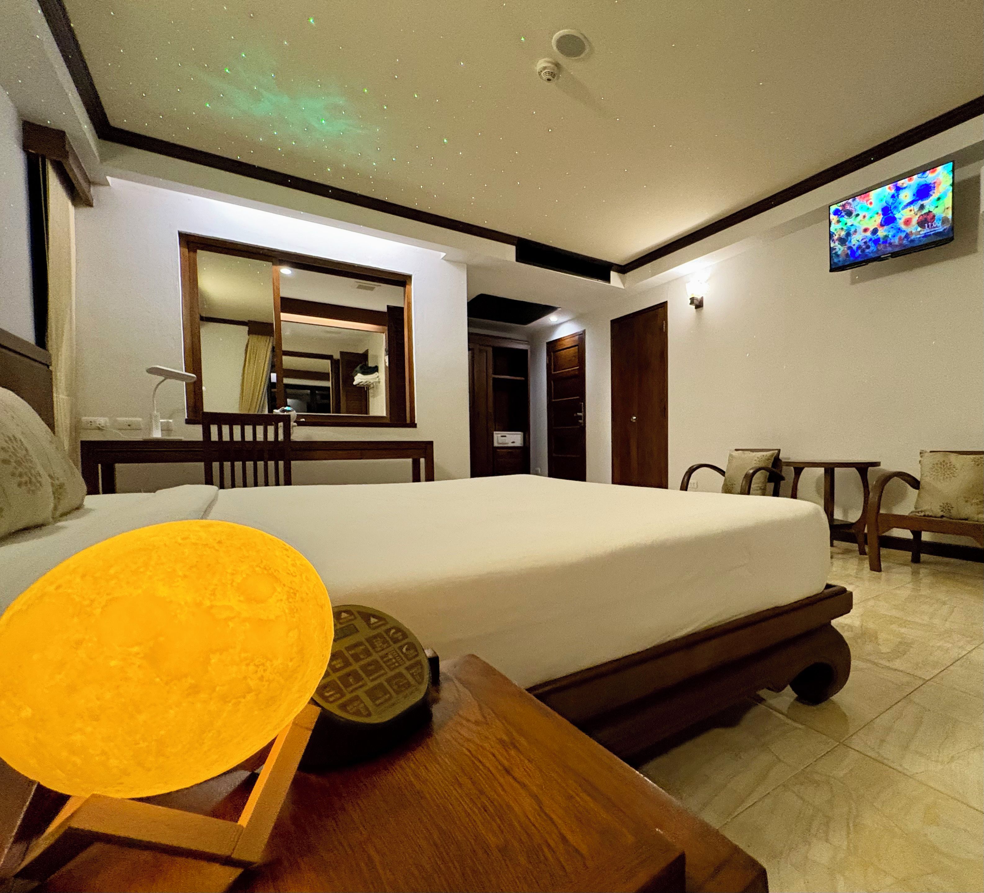 A hotel room with a bed, a desk, a chair, a television, and a ceiling projector.